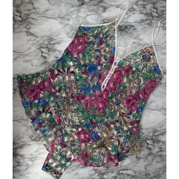 Vintage Victorias Secret Gold Label Lingerie Medium Teddie Floral Sheer Ruffle - Picture 1 of 11
